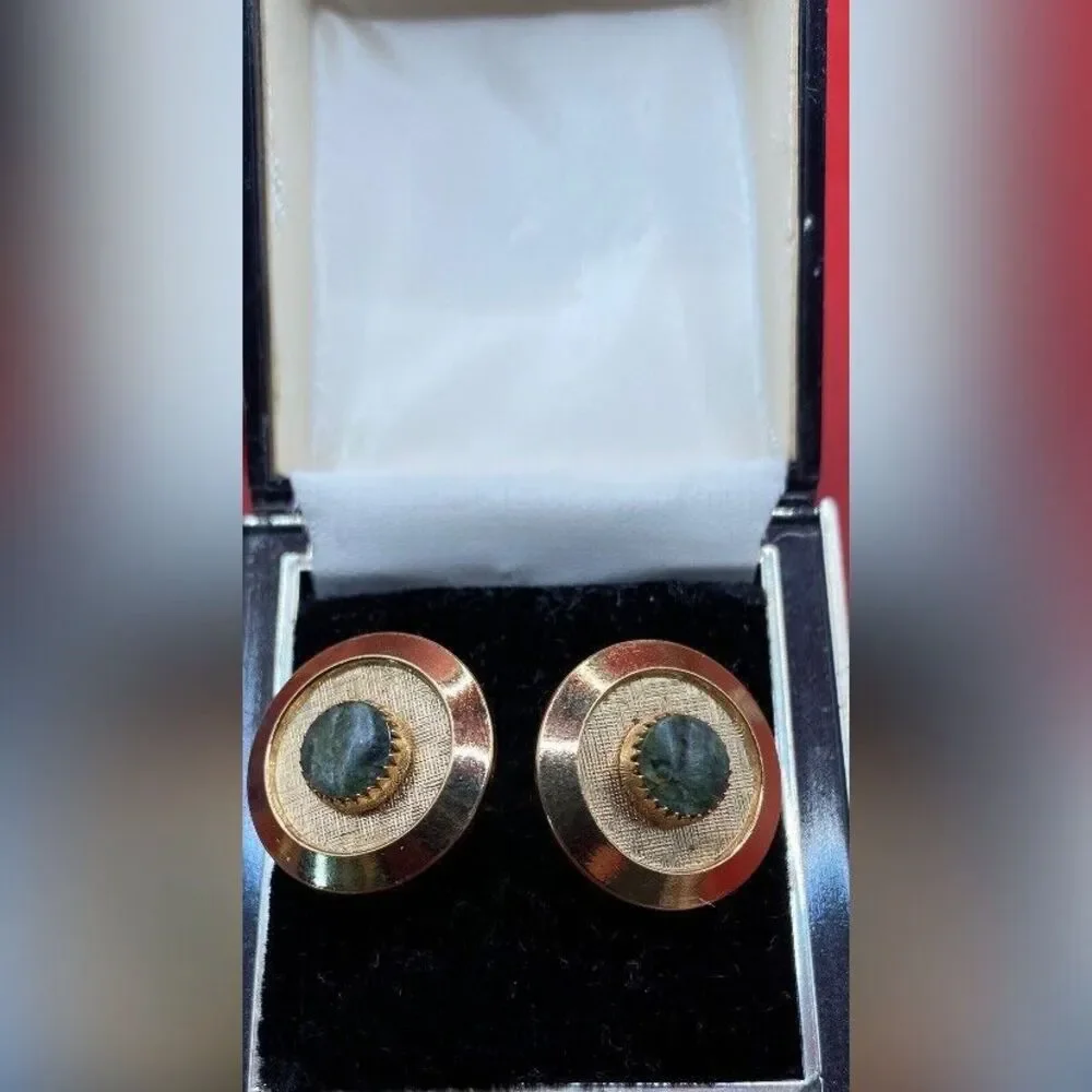 Vintage Men’s Cuff Links Gold Tone Green Stones MCM
